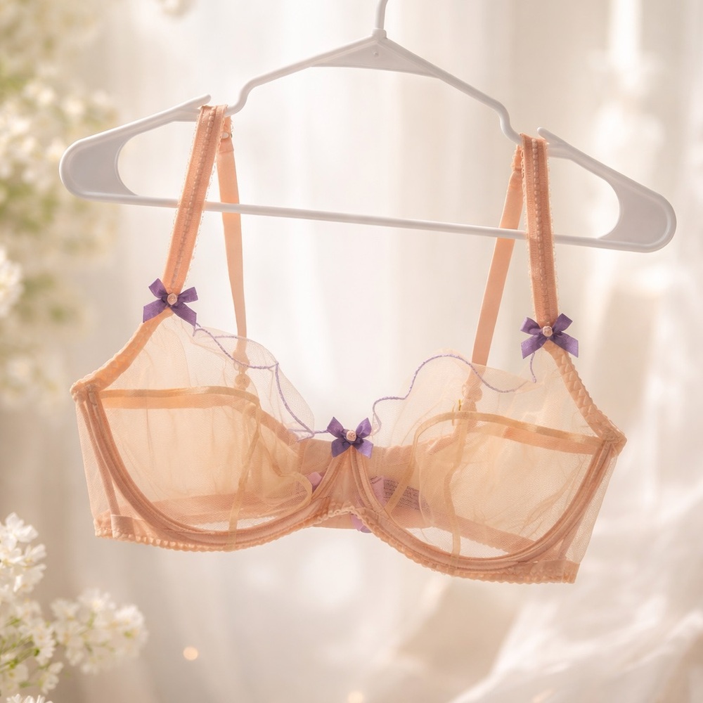 Agent Provocateur Lorna plunge underwire bra in a peachy color with lilac bows